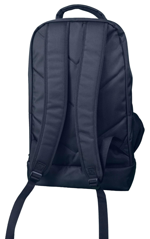 A black backpack with padded straps and a simple design, featuring a logo on the exterior.