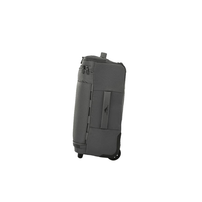 A grey wheeled duffle bag with multiple compartments and a logo on the side.