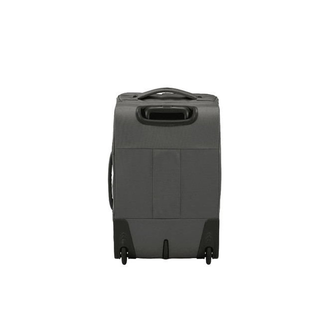 A grey wheeled duffle bag featuring a handle and wheels for easy transport. Includes a logo on the front.