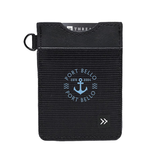 A black vertical wallet featuring a logo, with a textured design and a keyring attachment.