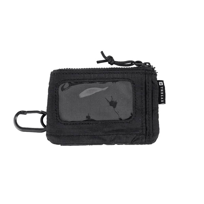 A black pouch wallet with a clear window and a carabiner clip, featuring a simple design and a branding logo.