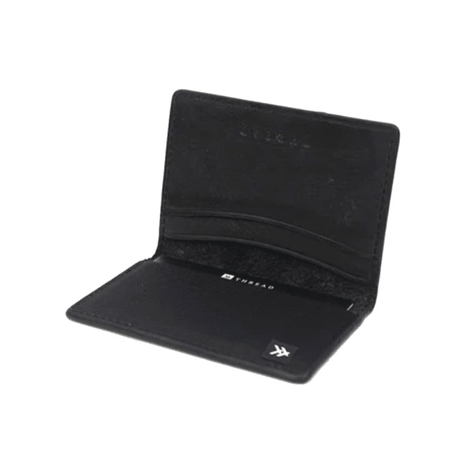 A black bifold wallet with multiple card slots and a textured finish, featuring a small logo.