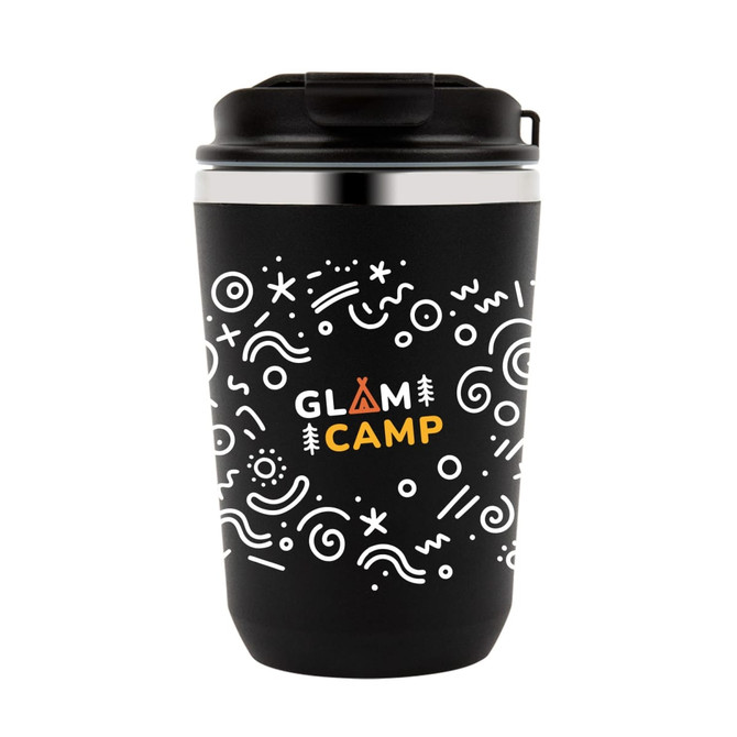 A drink bottle in matte black with a silver rim, featuring a playful design and a logo.