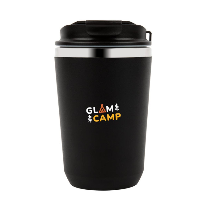 A drink bottle in matte black with a silver band and a logo featuring the words "GLAM CAMP."