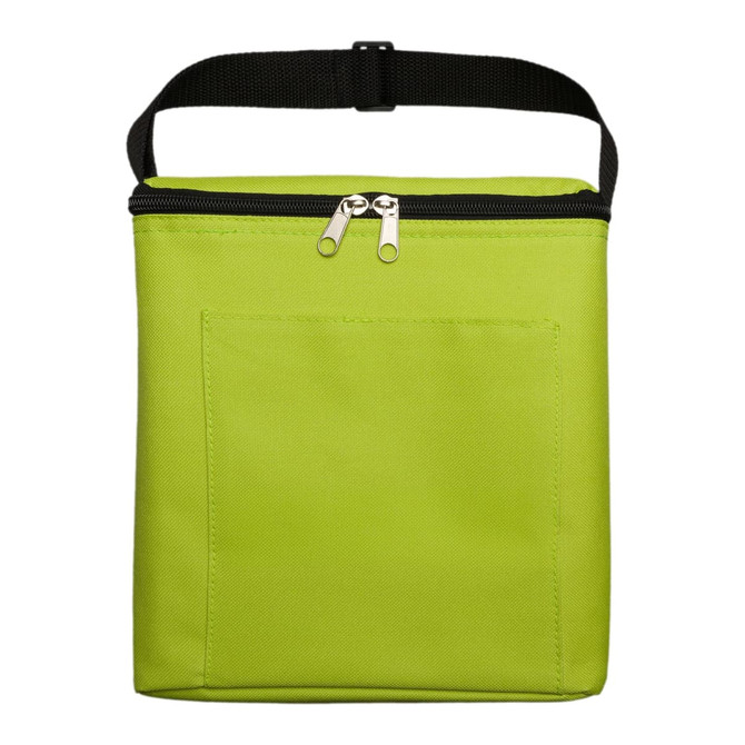 A green insulated bag with a zip closure and a front pocket, featuring a black strap for easy carrying.