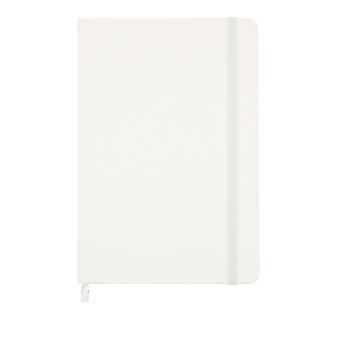 A white notebook with a grey elastic band and a ribbon bookmark. It has a smooth cover and no visible branding.