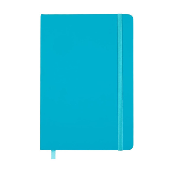 A turquoise notebook with a matching elastic band and a ribbon marker. It features a smooth, solid cover.
