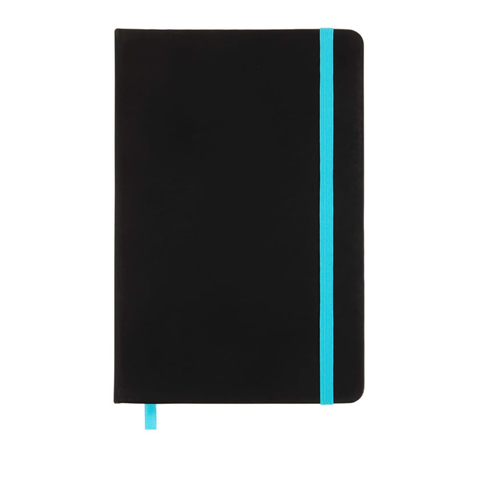 A black notebook with a turquoise elastic band and matching ribbon bookmark. It features a smooth, matte finish.