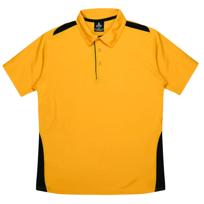 A yellow polo shirt with black accents, featuring a collar and three buttons, and a logo on the label.