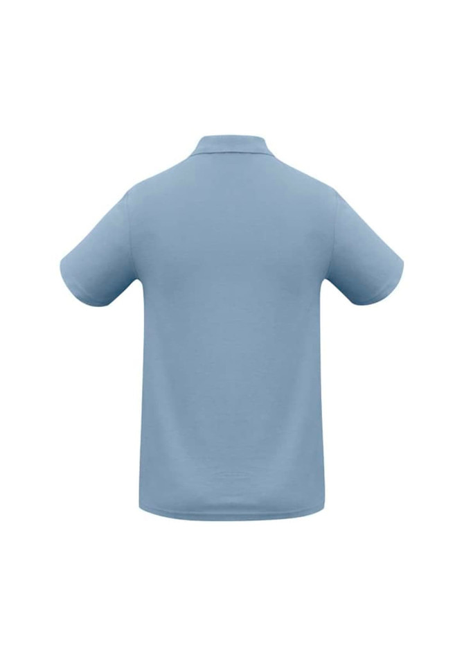 A light blue polo shirt with short sleeves and a collar, featuring a logo on the front.