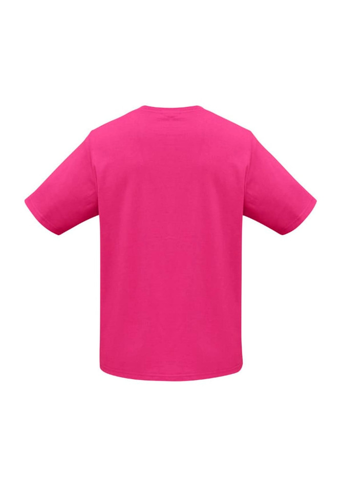 A pink short sleeve tee featuring a relaxed fit and a simple design. The back view displays its solid colour and absence of graphics.