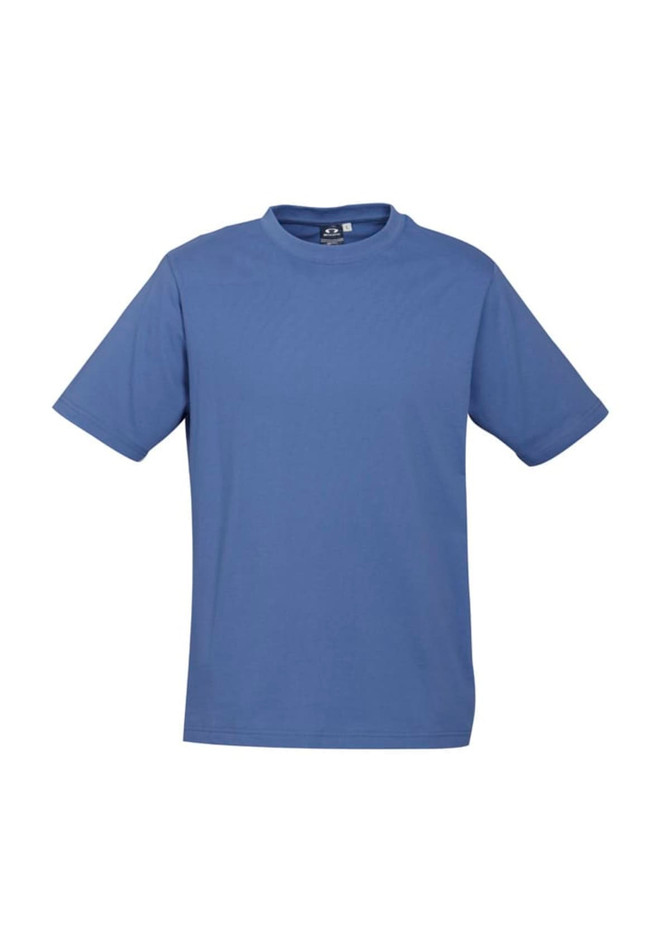 A blue short sleeve tee with a round neckline and a logo on the label. Suitable for casual wear.