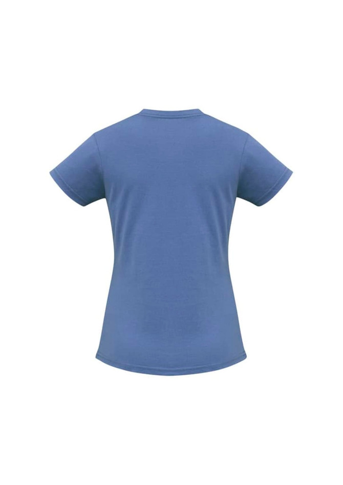 A women's short sleeve tee in blue, featuring a fitted shape and a plain back design.