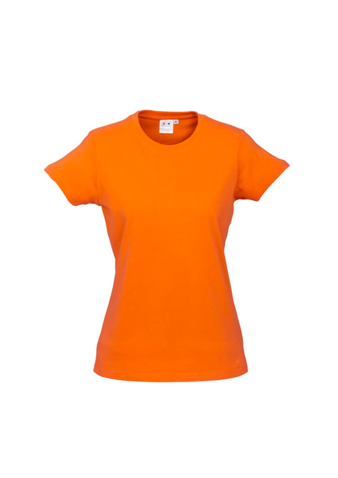 An orange short sleeve tee for women, featuring a fitted design and a round neckline. It has a logo on the label.