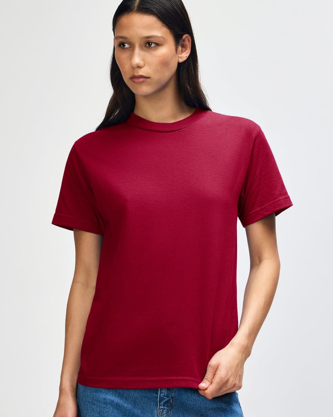 A unisex heavyweight cotton T-shirt in a rich burgundy colour, featuring short sleeves and a classic fit.