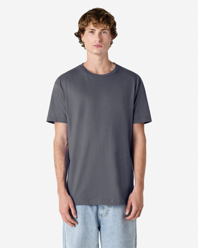 A unisex heavyweight cotton t-shirt in grey, featuring a classic crew neck design and a plain front.