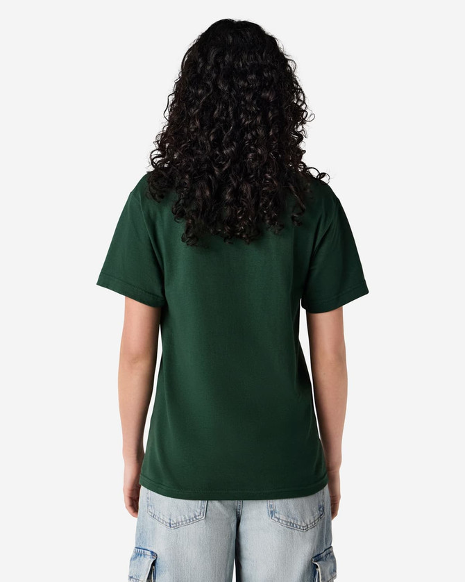 A unisex heavyweight cotton T-shirt in dark green, featuring a logo on the back.
