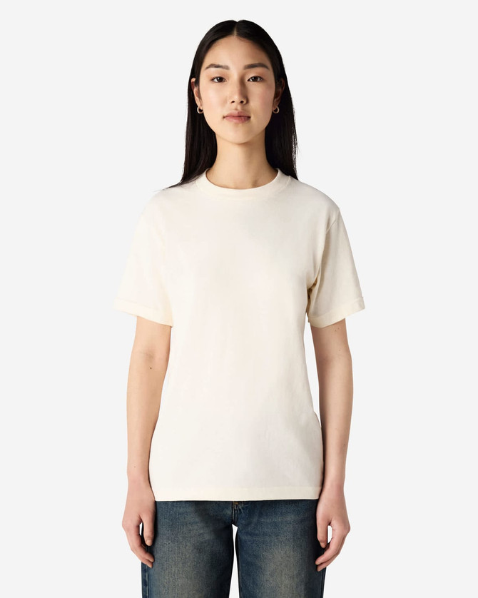 A heavyweight cotton unisex T-shirt in a light cream colour, featuring a standard crew neck and short sleeves.