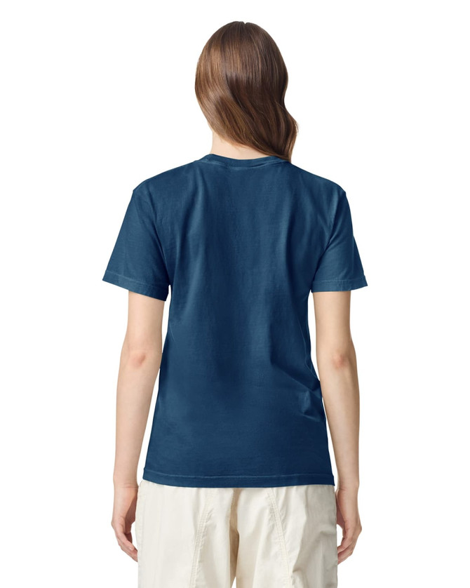 A navy adult heavyweight T-shirt displayed from the back, featuring a casual fit and short sleeves.