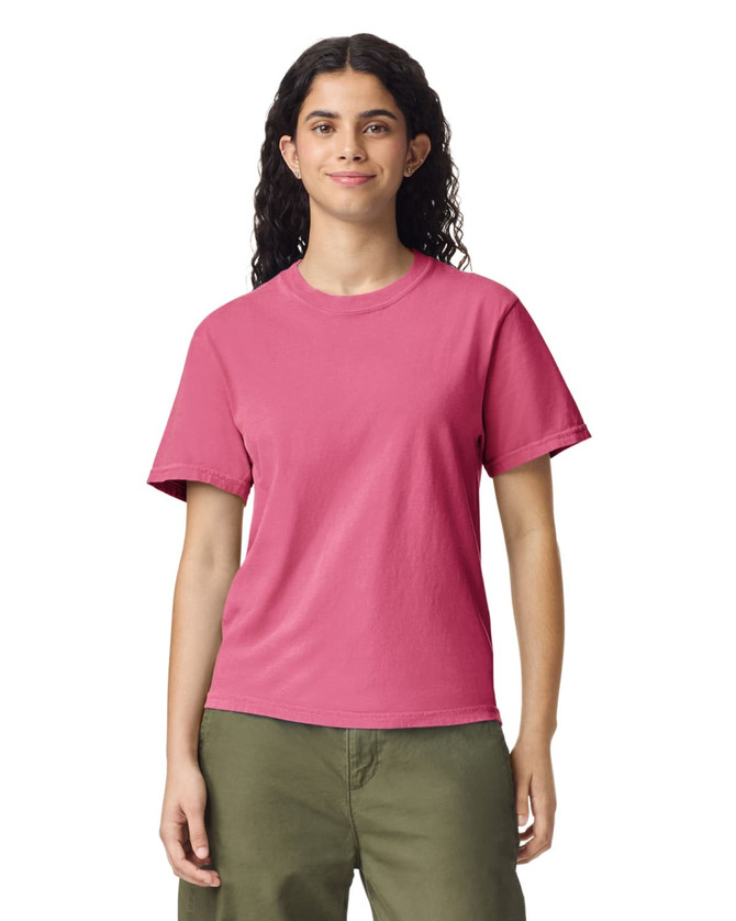 A pink heavyweight adult t-shirt with short sleeves, featuring a classic crew neck design.