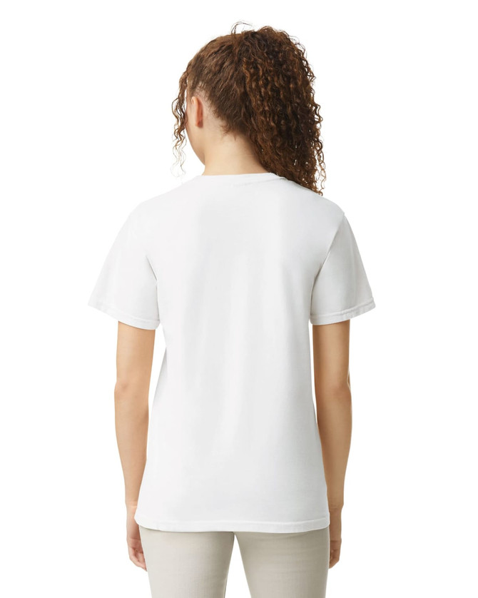 A white heavyweight adult t-shirt featuring a simple design and a logo on the back.
