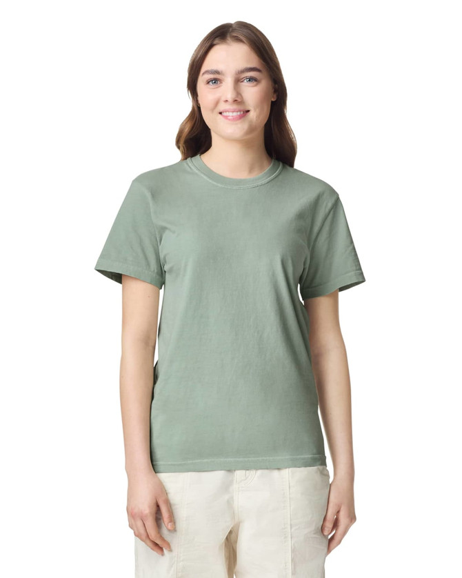 A lightweight, sage green adult heavyweight T-shirt with short sleeves and a plain design. Features a logo on the upper left.