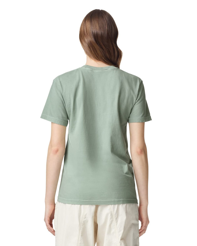 A back view of an adult heavyweight t-shirt in a muted green colour, featuring a simple design and a branded logo.