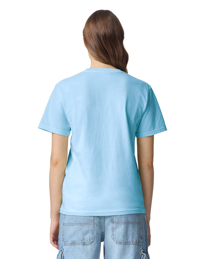 A back view of an adult heavyweight t-shirt in light blue, featuring a simple design and a branded logo.