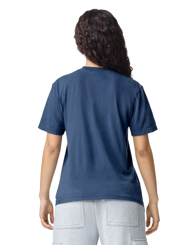 A navy blue heavyweight t-shirt with a round neck and short sleeves, featuring a logo on the back.