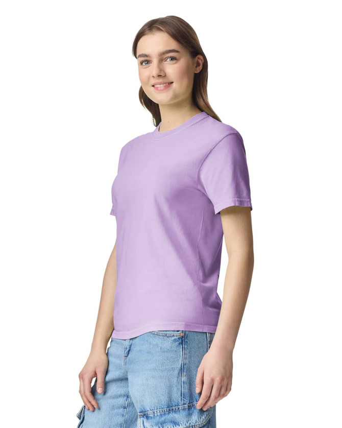 A lightweight lavender adult heavyweight T-shirt with a crew neck and short sleeves. Features a logo.