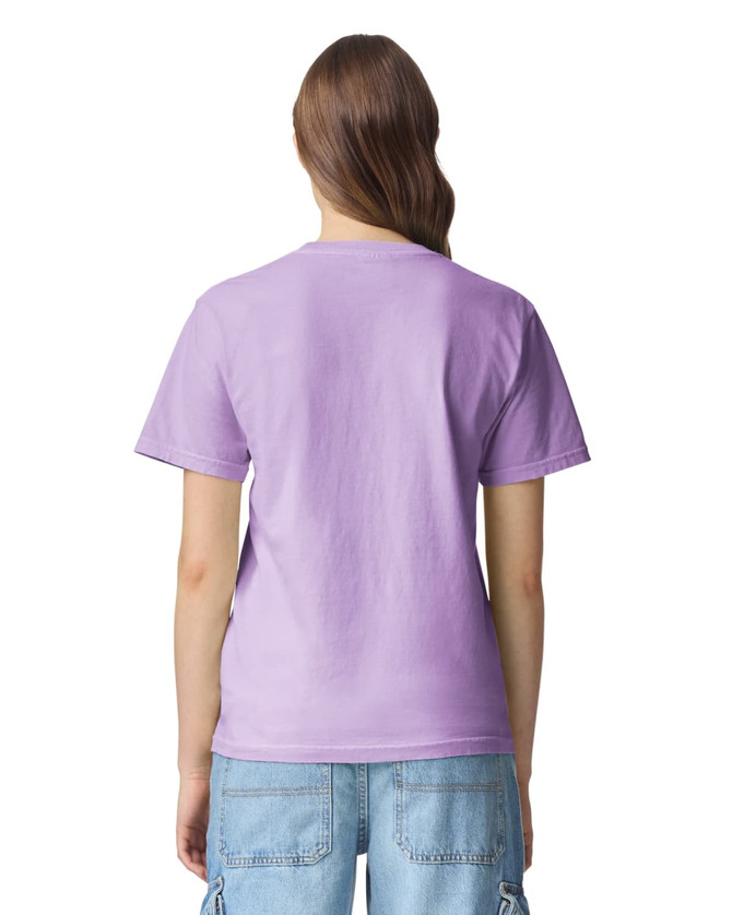 A purple adult heavyweight T-shirt viewed from the back, featuring a simple design and short sleeves.