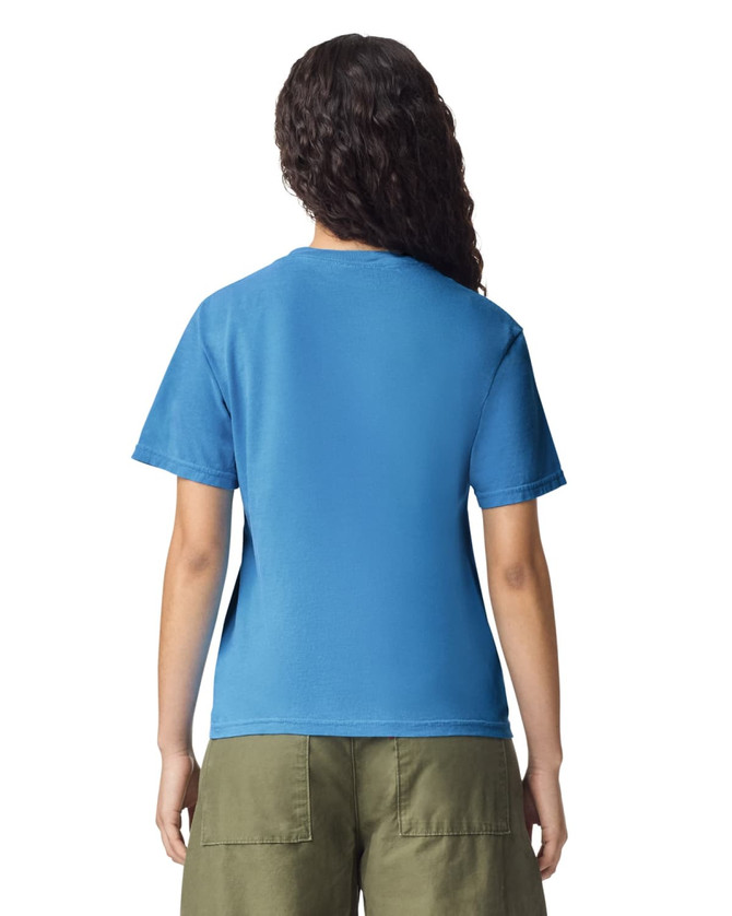 A blue heavyweight adult t-shirt shown from the back, featuring short sleeves and a simple design.