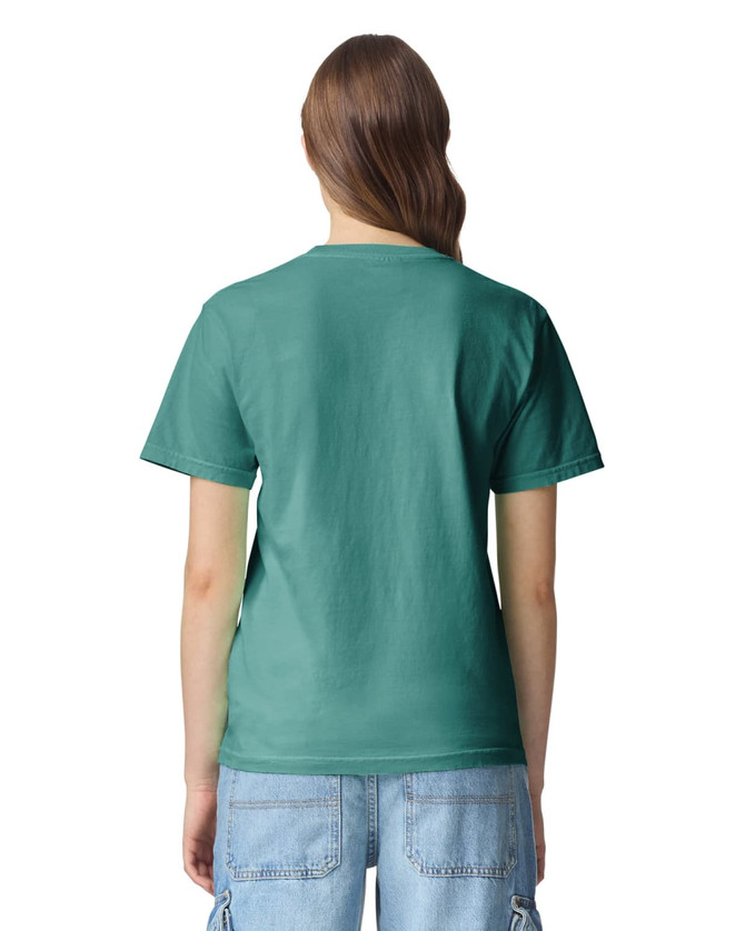 A back view of an adult heavyweight t-shirt in green, featuring short sleeves and a simple design.