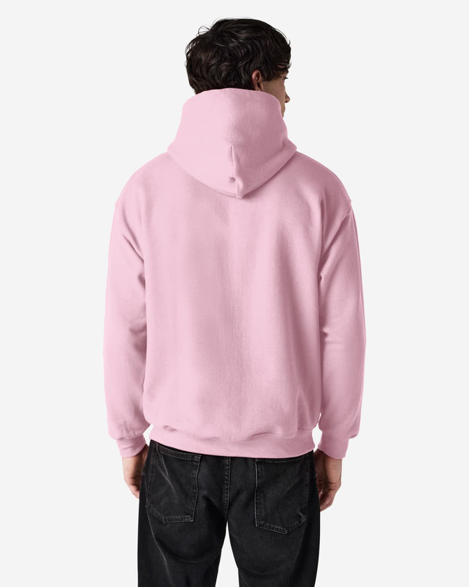 A pink hooded sweatshirt with a back view, featuring a kangaroo pocket and a logo.