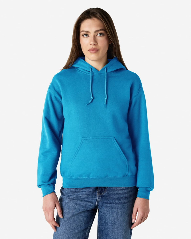 A model wearing a bright blue hooded sweatshirt with a front pocket and drawstring hood.