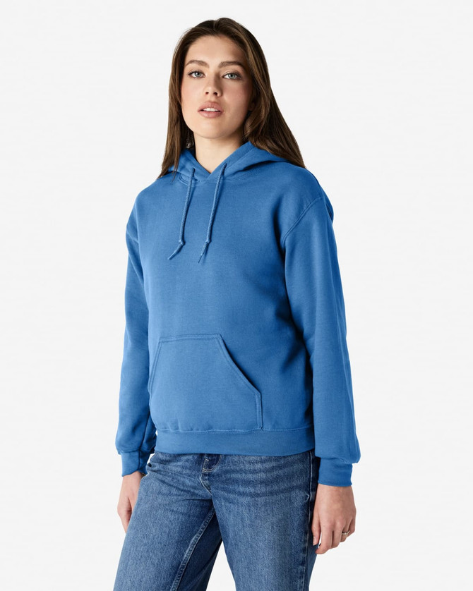 A blue hooded sweatshirt with a front pocket and drawstring hood, worn by a standing model. The sweatshirt has a logo.
