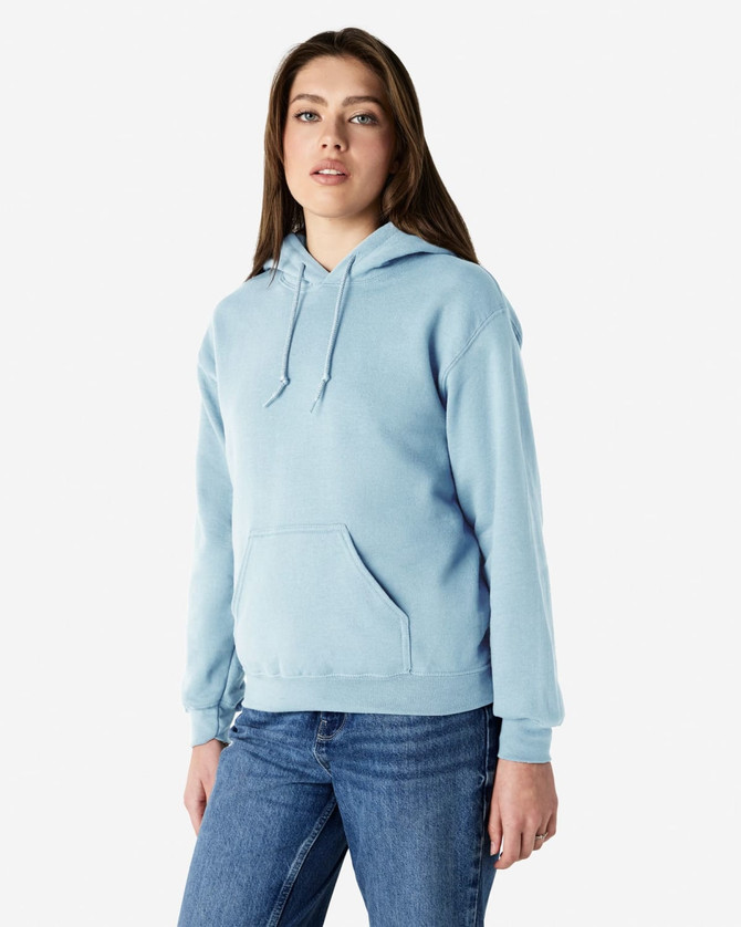 A light blue hooded sweatshirt with a front pocket and drawstrings, featuring a logo.