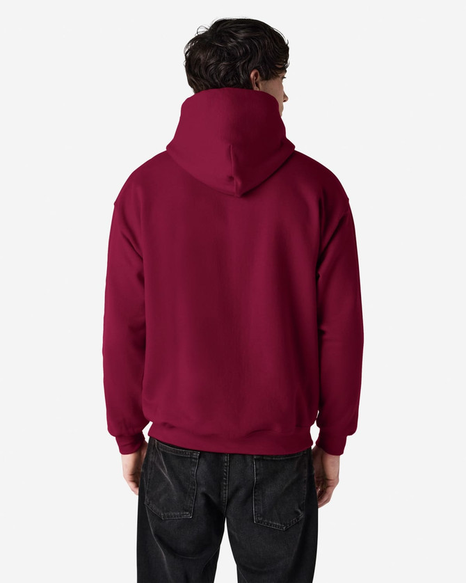 A maroon hooded sweatshirt with a plain back, featuring a logo on the front.