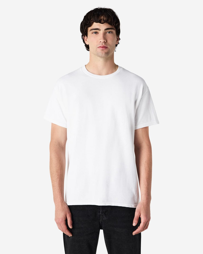 A white Gildan Ultra Cotton adult T-shirt on a male model, featuring a simple design and crew neck style.