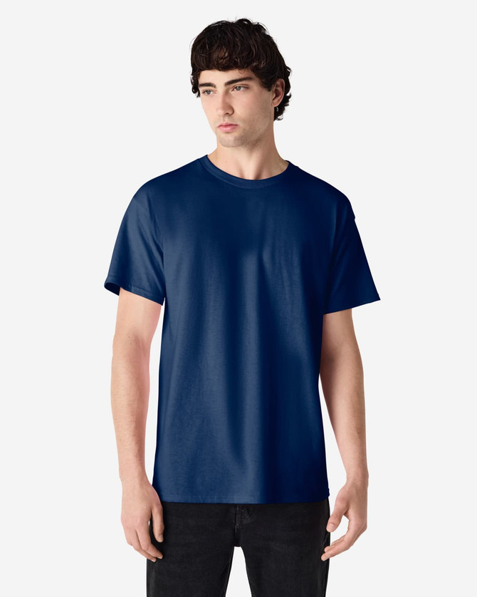 A navy Gildan Ultra Cotton adult T-shirt displayed on a model against a plain background, featuring a logo.