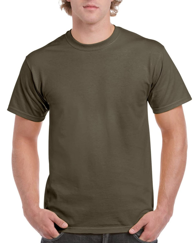 An olive green Gildan Ultra Cotton adult T-shirt on a model, featuring a logo on the front.