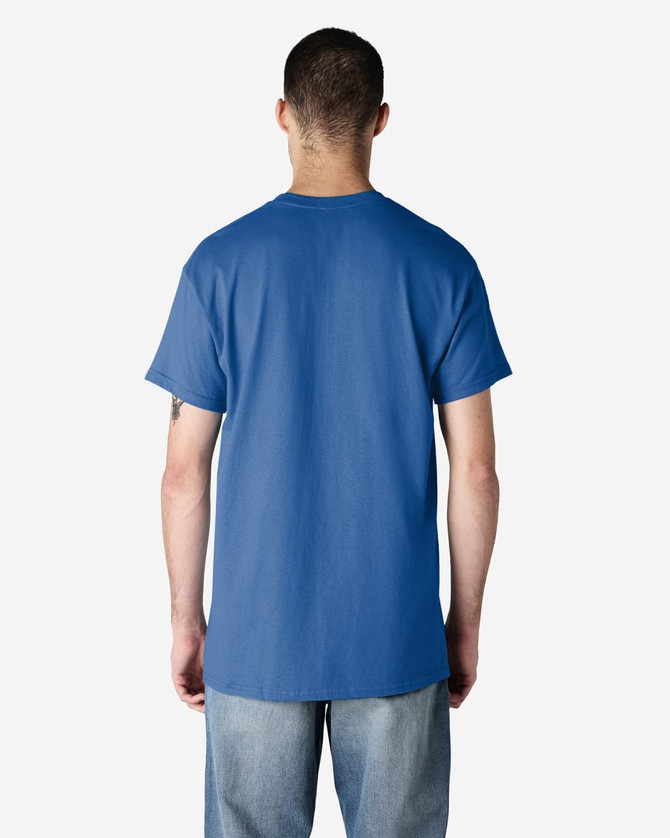 A blue Gildan Ultra Cotton adult t-shirt, viewed from the back, with a plain design and a logo.