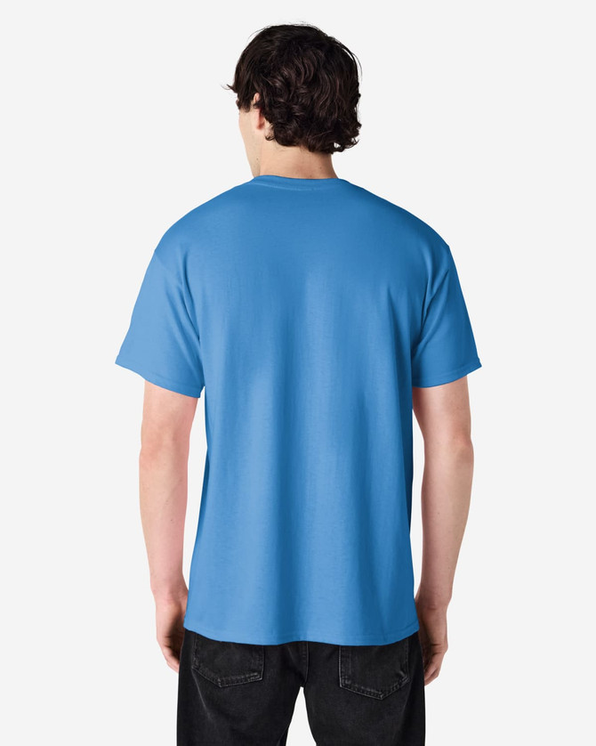 A blue Gildan Ultra Cotton adult T-shirt displayed from the back, featuring short sleeves and a plain design.