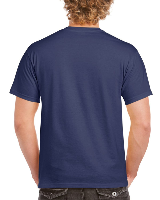 A navy blue Gildan Ultra Cotton adult T-shirt, featuring a plain back view and a logo on the label.