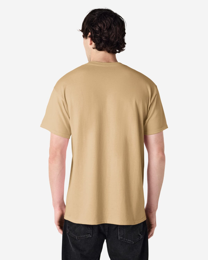 A plain adult T-shirt in a tan colour, featuring a logo on the back.
