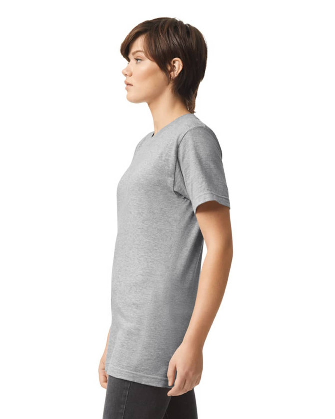 A unisex fine jersey short sleeve T-shirt in grey, featuring a fitted style and a logo on the front.