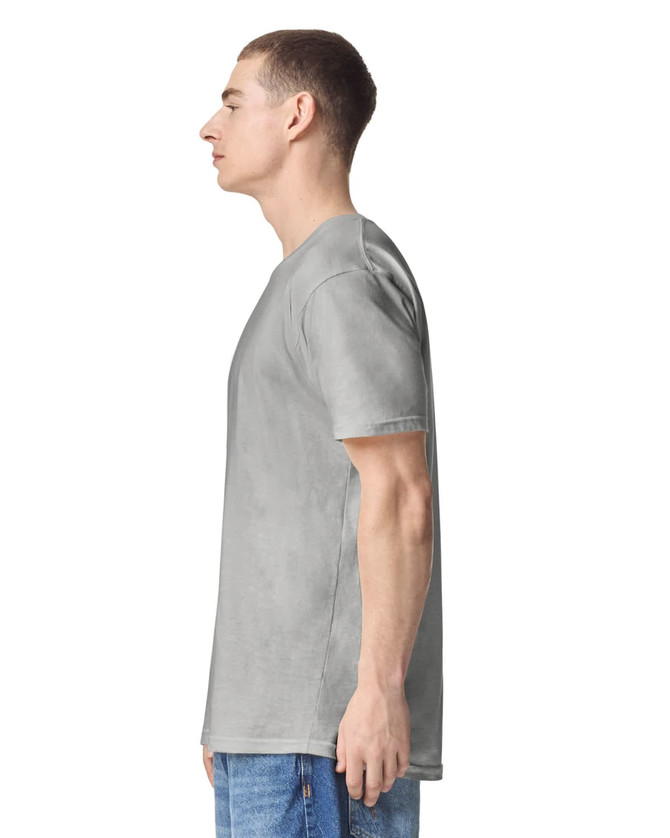 A grey unisex short sleeve t-shirt is displayed, featuring a simple design and a logo.