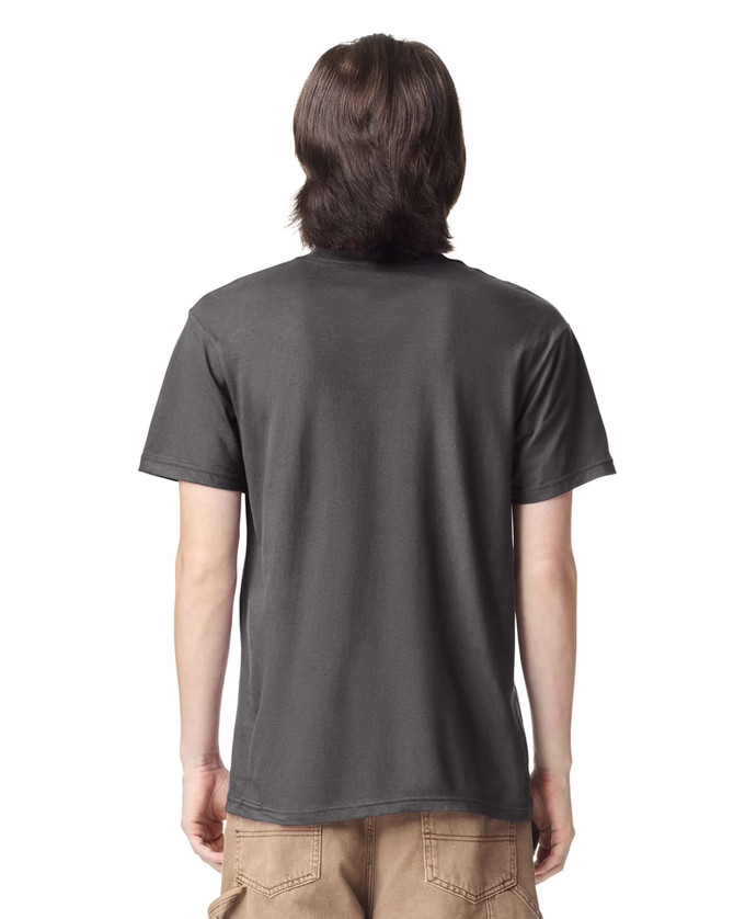 A unisex fine jersey short sleeve T-shirt in dark grey, displayed from the back. It features a logo.