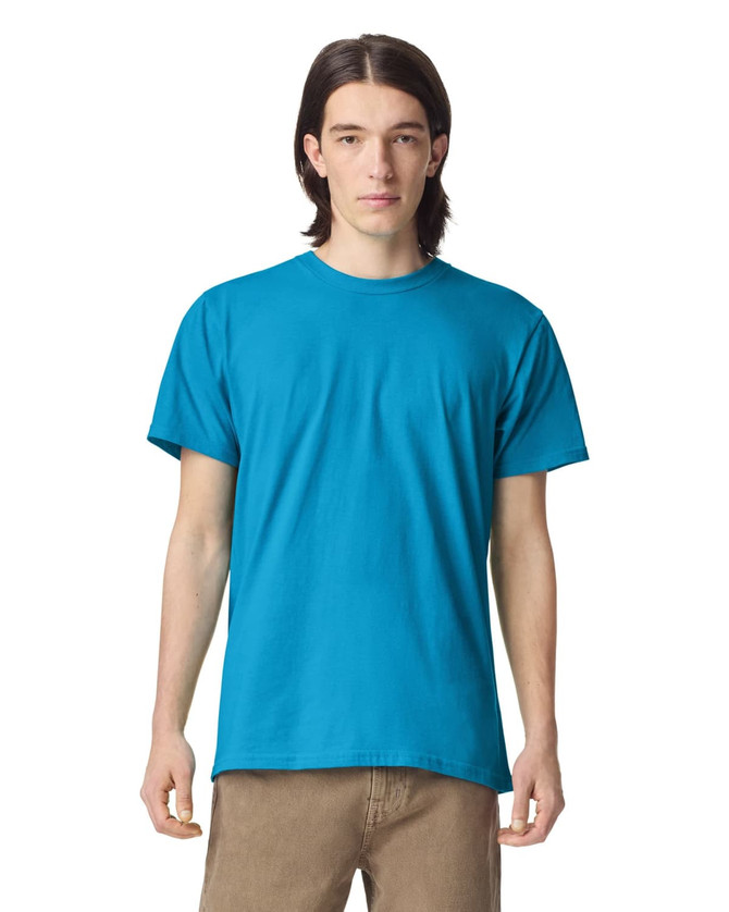 A unisex fine jersey short sleeve T-shirt in bright blue, featuring a logo on the front.