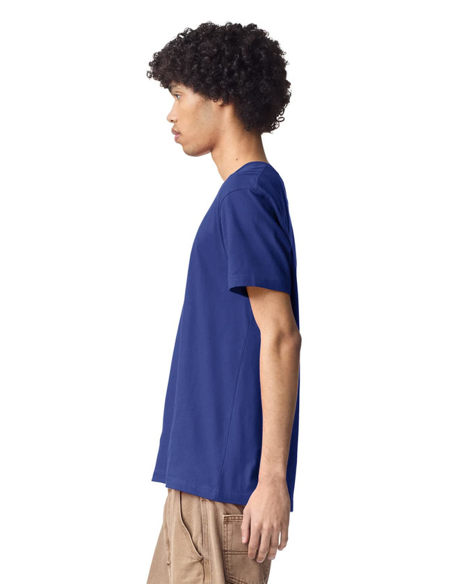 A unisex fine jersey short sleeve t-shirt in navy blue, displayed from the side. Features a logo.